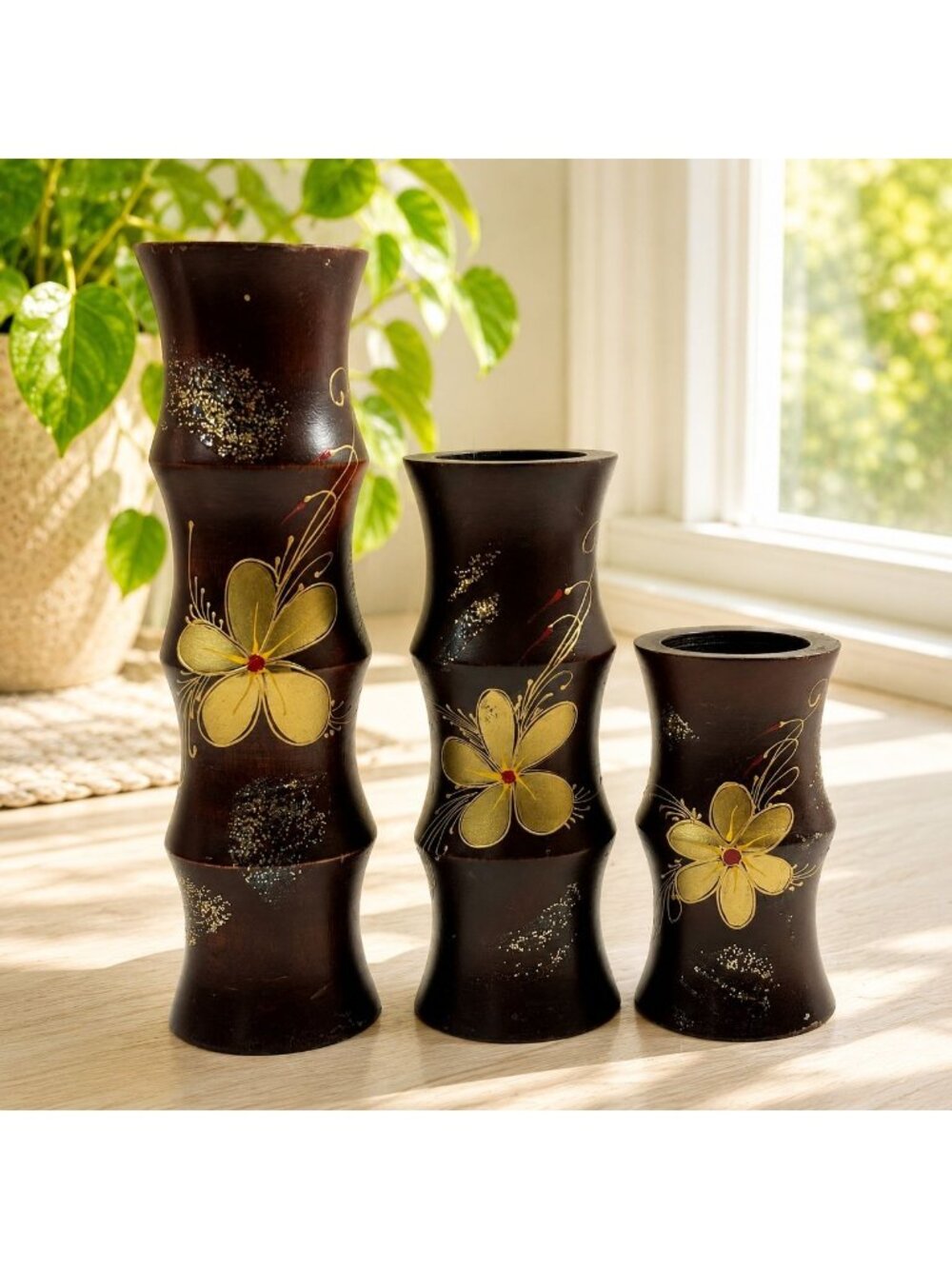 Hand-Painted Wooden Floral Vases Set Of 3 With Gold Detailing - Sizes 8" 6" 5"